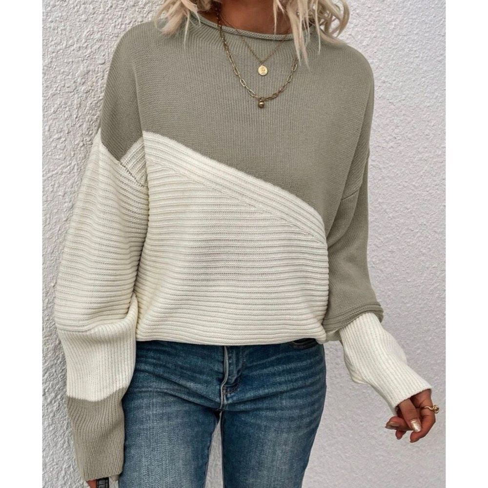 Shein 2 Toned Asymmetrical Tan and Olive Green Sweater Size Medium